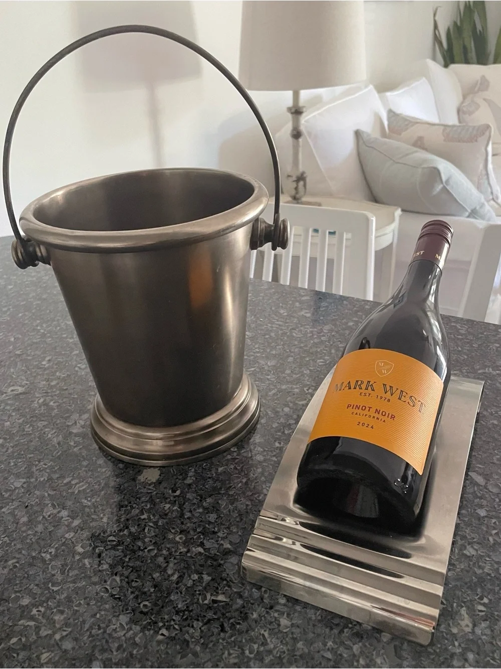 Pewter ice bucket and Lenox wine bottle holder